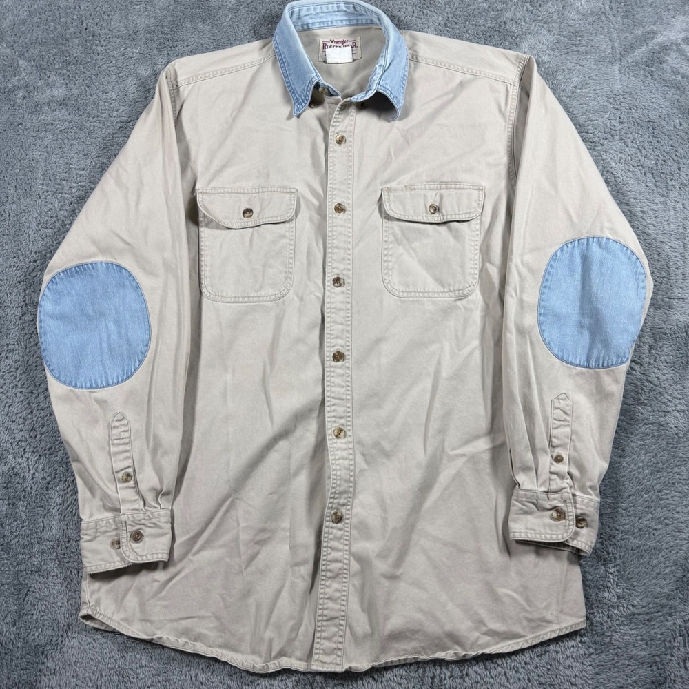 VTG Wrangler Rugged Wear Khaki Button Shirt Denim Collar Elbow Patches - 3XL